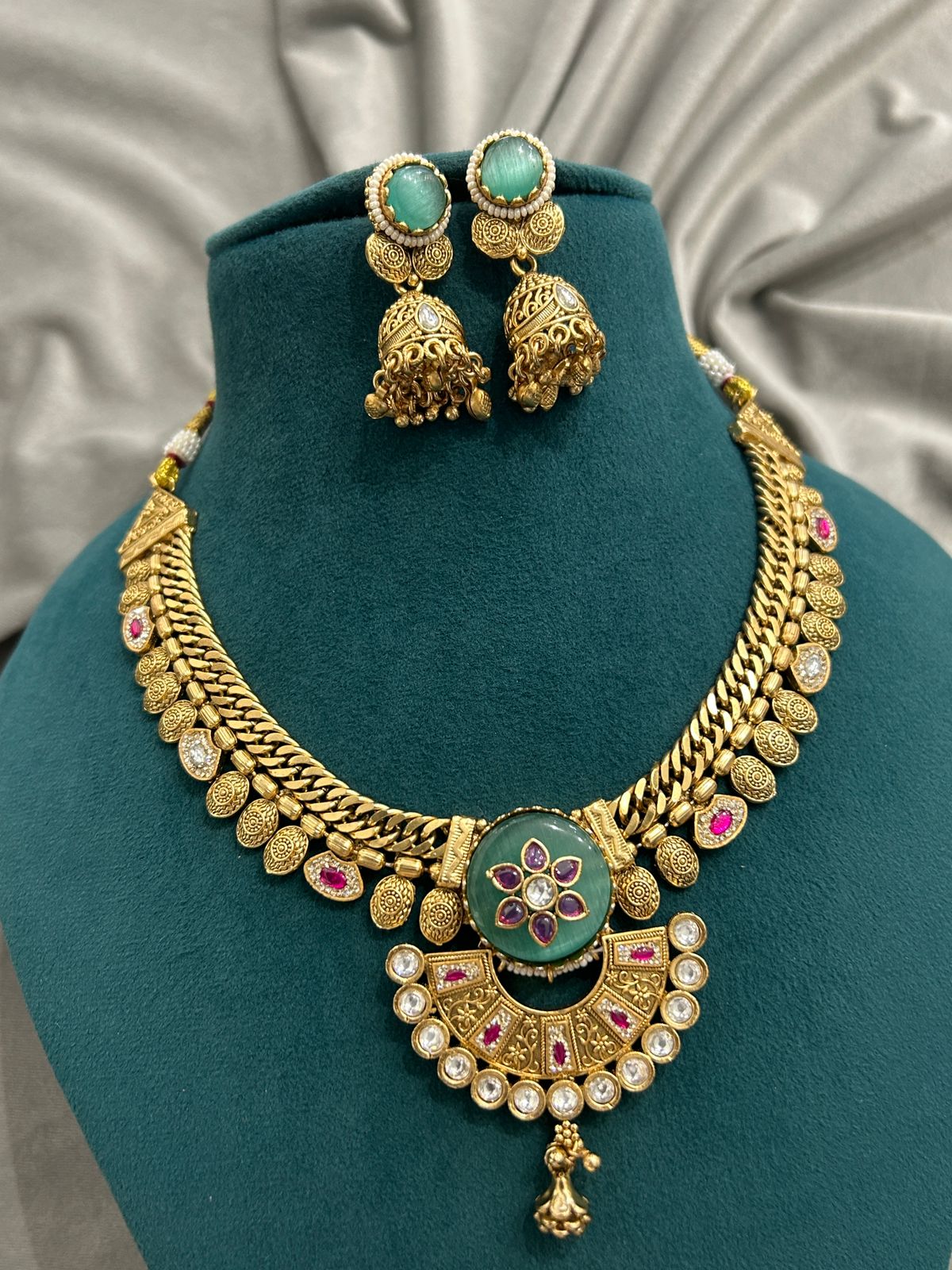 Antique Gold Necklace Set – Ruby & Green Stone Design with Jhumka Earrings
